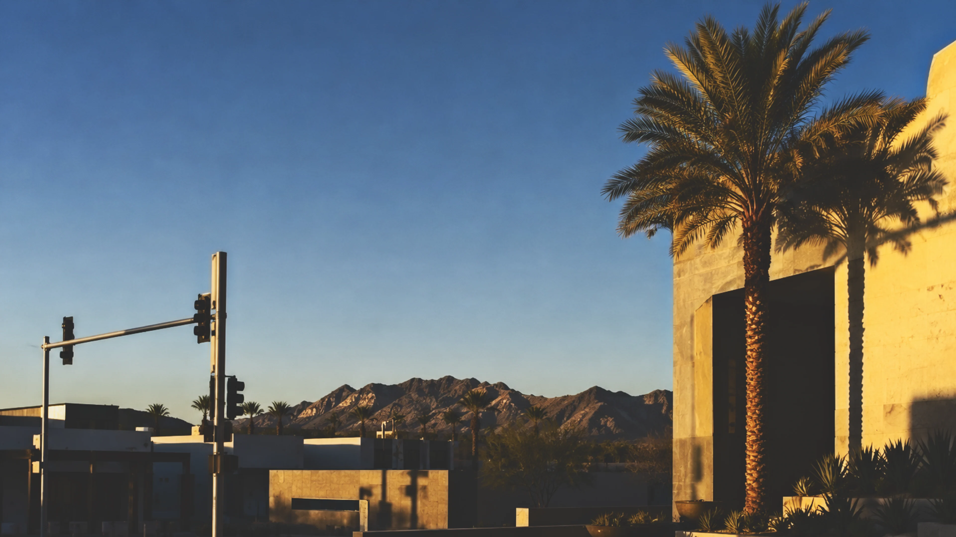 Desert architecture with palms and mountains at sunset — YARDSIIX geography.