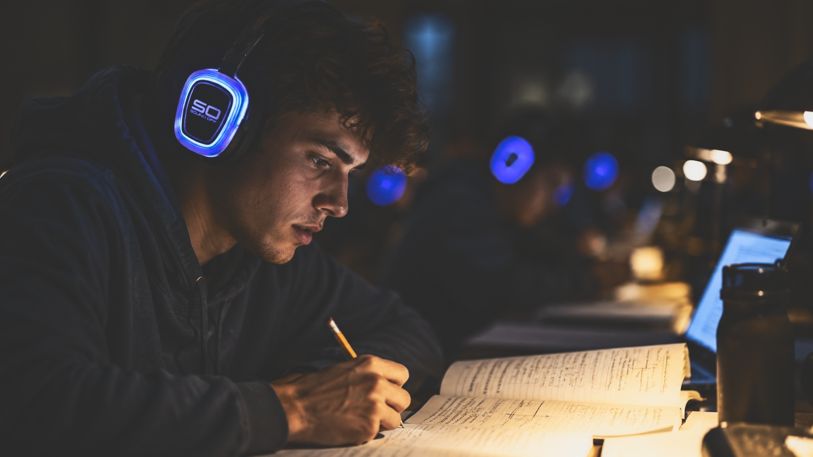 Student studying at night wearing lit Sound Off headphones.