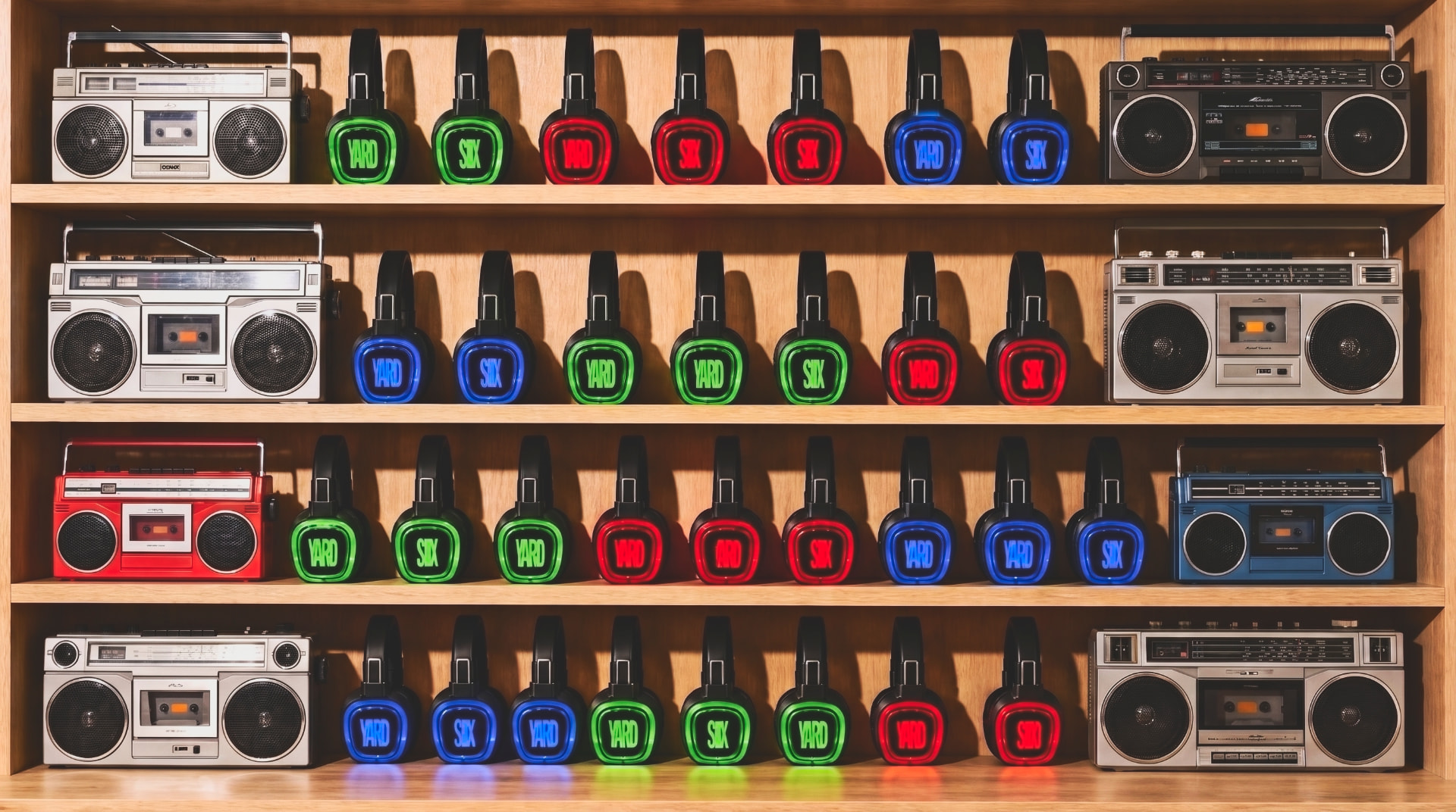 Wall of YARDSIIX personal-audio headphones glowing green, red and blue on wooden shelves between vintage boomboxes.