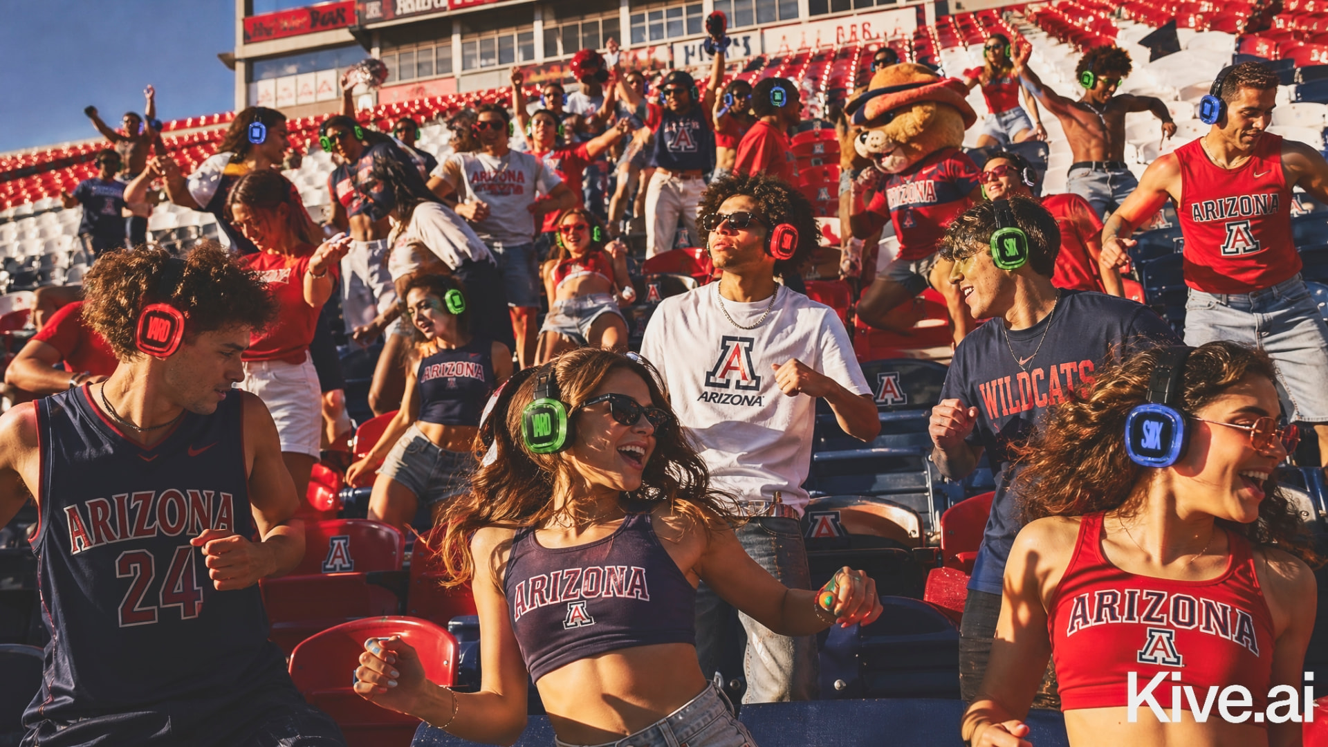 University of Arizona students in stadium stands wearing YARDSIIX personal-audio headphones for a high-energy campus experience.